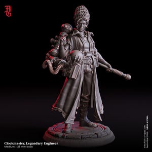May include: A detailed figurine of the Clockmaster, Legendary Engineer, standing on a 25 mm base. The figure is dressed in a long coat and holds a staff and a sphere. The figure has a mechanical device on its back. The figurine is dark grey.