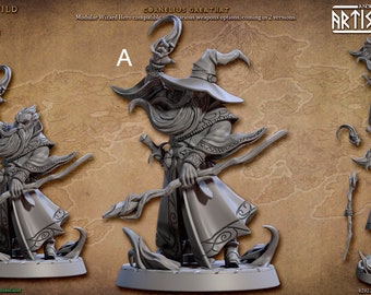 May include: A gray plastic miniature figure of a wizard wearing a pointed hat and a long robe. The wizard is holding a staff in one hand and a curved staff in the other. The figure is standing on a round base. The figure is part of a set of miniatures for a tabletop role-playing game.