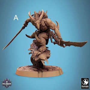 May include: A detailed brown figurine of a horned creature with a bird-like face, holding two swords. The figure is in a dynamic pose, with the text "A" in white in the upper left corner. The base has the text "Fate Unbound" and the Rescale logo.