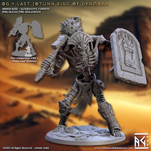 May include: A detailed, gray miniature of the Last Jotunn King of Denmora, a skeletal figure with armor and a shield. The figure is on a 100mm base, with an alternative version available. Includes text: "OG + LAST JOTUNN KING OF DENMORA".