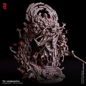 May include: A detailed, grey resin sculpture titled "The Amalgamation" with a 100 mm base. The artwork depicts a central figure surrounded by grotesque, skeletal forms and swirling tendrils. The sculpture has a dark, gothic aesthetic.