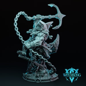 Shark Folk Barbarian Miniature -  Witchsong Miniatures | Sharkin Berserker Model | Dungeons and Dragons | DnD | Wargaming | Anchor Whirler