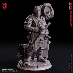 May include: A half-yeti innkeeper miniature figure holding a mug and a barrel. The figure is wearing a brown leather apron and has a thick beard. The miniature is painted in a brown and grey color scheme. The base is a 25 mm round base.