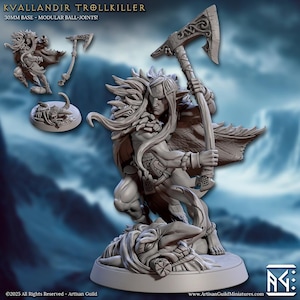 May include: A detailed miniature figure of Kvallandir Trollkiller, a fantasy character, holding a large axe. The figure is on a 30mm base and has modular ball-joints. Additional figures and a base are also shown. The text "KVALLANDIR TROLLKILLER" is at the top.