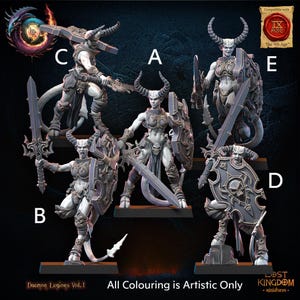 Könnte beinhalten: Eine Sammlung von Miniaturfiguren, die gehörnte Dämonenkrieger darstellen. Die Figuren sind in verschiedenen Posen dargestellt und tragen Schwerter und Schilde. Der Text lautet "Daemon Legions Vol. 1" und "All Colouring is Artistic Only".
