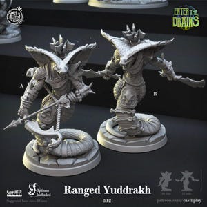 May include: Two grey unpainted resin miniature figures of snake-like creatures with cobra hoods, labelled A and B. Figure A holds a spear and bow, while figure B holds two curved blades. Both stand on circular stone-textured bases with 35 mm base size.