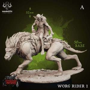 May include: A gray, unpainted miniature of a goblin riding a wolf-like creature. The miniature is 52 mm tall and comes on a 50 mm base. The miniature is part of the "Marshes and Madlads" series.