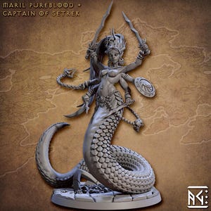 May include: A grey miniature figurine of a multi-armed humanoid creature with a long, scaled serpentine tail. The figure holds two jagged swords, a small shield, and a scorpion-like tail attachment. Text reads: MARIL PUREBLOOD CAPTAIN OF SETREK.