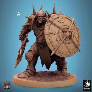 May include: A brown, unpainted miniature figure of an orc warrior labeled A, featuring spiked shoulder armor, a large circular shield with cross-bracing, and a jagged blade. The figure stands on a circular base with the text Cliffside Orcs and Rescale.