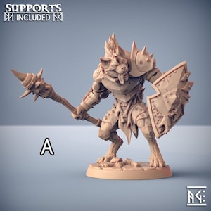 May include: A 3D printed miniature of a wolf-like creature wearing armor and holding a spear and shield. The miniature is painted in a light brown color and is standing on a circular base.