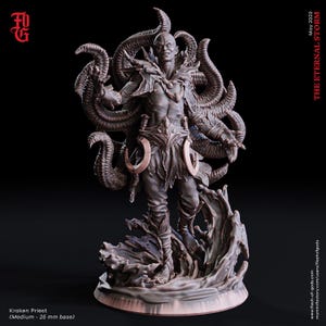May include: A detailed miniature figurine of a Kraken Priest, a humanoid figure with multiple tentacles, standing on a wave base. The figure is painted in a dark grey color and has a menacing expression.