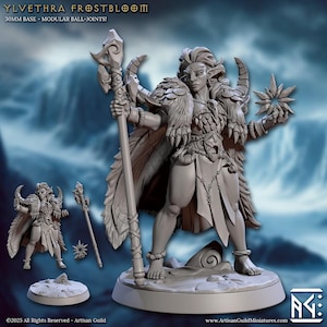 May include: A detailed, unpainted miniature figure of Ylvethra Frostbloom, a fantasy character. She holds a staff and a star-shaped object. The figure is on a 30mm base and has modular ball joints. The Artisan Guild logo is visible.
