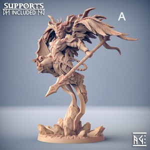 May include: A detailed miniature figurine of a winged warrior with a spear and shield. The figure is posed in a dynamic stance, with wings spread and a determined expression. The figurine is made of a light brown plastic and is designed for tabletop gaming or display.