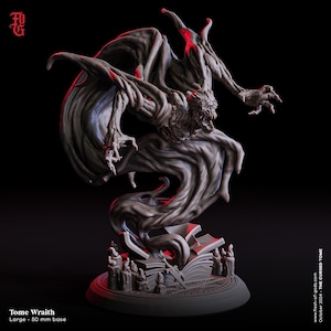 May include: A gray Tome Wraith figurine with outstretched arms and a menacing expression. The figure is atop a base with open books and small figures. The text "Tome Wraith" and "Large - 50 mm base" is visible. The background is black.