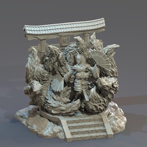 May include: A grey resin miniature figure of a character with fox-like features, holding two folding fans, surrounded by swirling tails and flames. The figure stands on a stone staircase base in front of a traditional torii gate structure.