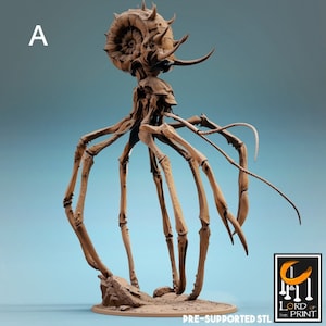May include: A detailed, 3D printed model of a creature with a spiral shell on its head and multiple spindly legs. The model is painted in a brown color and is posed on a base. The model is labeled "A" and "PRE-SUPPORTED STL" in the image.
