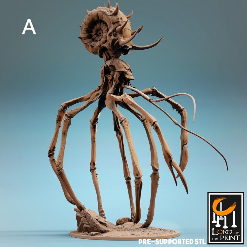 May include: A detailed, 3D printed model of a creature with a spiral shell on its head and multiple spindly legs. The model is painted in a brown color and is posed on a base. The model is labeled "A" and "PRE-SUPPORTED STL" in the image.