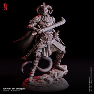 May include: A detailed miniature figurine of a horned, humanoid figure with a sword and a cape. The figure is wearing armour and a crown. The miniature is painted in a brown colour and is standing on a rocky base. The text "Radeem, The Insurgent" and "Medium - 25 mm base" is visible at the bottom of the image.