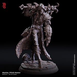 May include: A detailed figurine of Sharian, the Witch Hunter, with a 25 mm base. The figure is clad in armour and a long coat, holding a flaming sword. A small creature is at the hunter's feet. The figure is dark brown with intricate details.