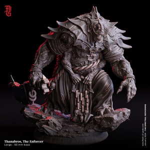 May include: A detailed miniature figure of a monstrous creature, Thanabros, The Enforcer, with a skeletal hand holding a chain and skulls at its feet. The figure is painted in shades of gray and brown, with a black robe and a skull-like face. The figure is standing on a rocky base.