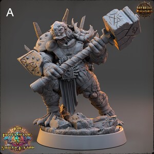 May include: A grey, detailed miniature of a creature wielding a stone hammer. The creature has a scaly, armoured body and a horned helmet. The miniature is posed in a dynamic stance, ready for battle. The miniature is part of the "The Pirate Kings of Shield Island" game.