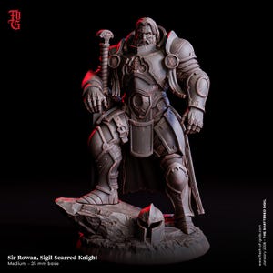 以下が含まれることがあります： 岩の基盤の上に立っている、Sir Rowan、Sigil-Scarred Knightの、詳細な灰色の樹脂フィギュア。彼は装飾的な鎧を身につけ、剣を持っています。ヘルメットが足元にあります。ベースは25mmです。