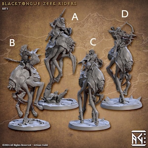 Könnte beinhalten: Vier graue Plastikminiaturen von Reitern auf spinnenartigen Kreaturen. Die Reiter tragen Kapuzenmäntel und halten Waffen. Die Miniaturen sind mit A, B, C und D beschriftet. Der Text "BLACKTONGUE ZEEK RIDERS KIT I" befindet sich oben im Bild.