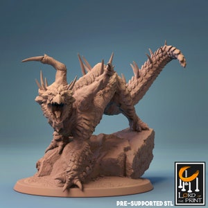 May include: A 3D printed model of a spiky, reptilian creature with a long tail and sharp claws. The creature is posed in a dynamic stance, with its mouth open in a roar. The model is printed in a light brown color and is pre-supported for easy printing.