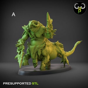 May include: A green, 3D-printed figurine of a mythical creature, a centaur with a bull-like head and horns, holding a large blade. The figure has detailed armor and a long tail. The base is black, and the text "PRESUPPORTED STL" is visible.