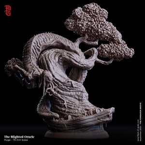 May include: A detailed, grey, resin miniature of a monstrous, tree-like creature with a twisted, gnarled trunk and branches. The creature is depicted with a human-like face and a long, flowing mane of hair. The miniature is set on a 75 mm base.
