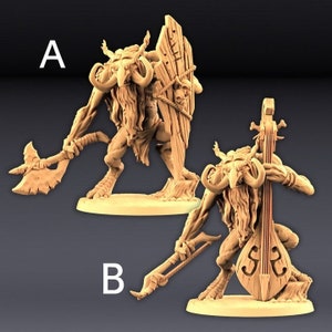 May include: Two detailed miniature figurines of a mythical creature with horns, a beard, and a long snout. One figure holds a large axe, while the other plays a stringed instrument.