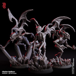 May include: Three grey Glacier Stalkers miniature figures with large bat-like wings, posed on rocky bases. The figures have sharp teeth and claws. The text "Glacier Stalkers" and "Medium - 25 mm base" is visible.