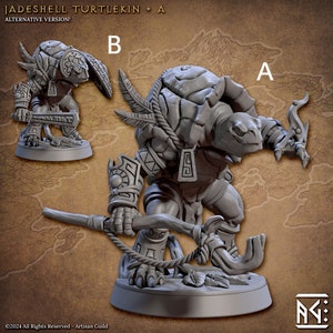 Puede incluir: Una miniatura impresa en 3D de color gris de un turtlekin, una criatura humanoide de tortuga, con un caparazón de jade. El turtlekin sostiene un bastón y lleva un tocado de plumas. La miniatura está sobre una base redonda.