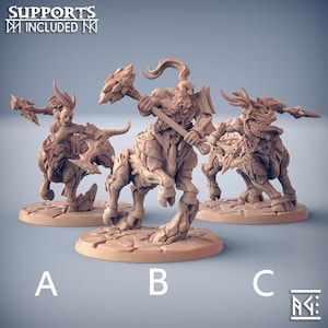 May include: Three miniature figurines of creatures with human-like torsos and animal-like legs. The creatures are holding weapons and are posed in a fighting stance. The figurines are painted in a light brown color and are standing on circular bases.