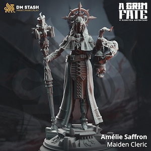 May include: A grey 3D printed miniature of a female cleric figure holding a staff and a lantern. The figure is wearing a long robe and has a halo above her head. The text "A Grim Fate" and "5th Eldritch Adventure" is visible in the background. The figure is labelled "Amélie Saffron Maiden Cleric".