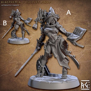 May include: A gray, detailed miniature figurine of a female figure wearing a hooded robe and holding a book and a sword. The figure is standing on a round base. The miniature is labeled "Blasphemia* Cultist Pinup Alternative Version!"
