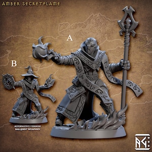 May include: A gray plastic miniature of a wizard with a hooded robe, holding a staff and a flaming orb. The miniature is standing on a base with flames. The miniature is labeled "Amber Secretflame" and "Alternative Version! Balljoint Weapons!"