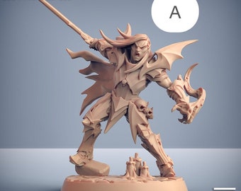 May include: A detailed miniature figurine of a dark-skinned elf warrior with a sword and a cape. The elf is wearing armor and has a fierce expression on their face. The figurine is painted in a light brown color and is standing on a base.