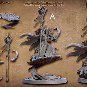May include: A gray plastic miniature figure of a demon king's spawn, holding a staff with a skull at the top. The figure is standing on a base with a swirling effect. The figure is shown in three different poses. The text "Aamon on Daemoniun Kerubim" is visible in the image.
