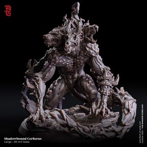 May include: A detailed, grey Shadowbound Cerberus miniature, a three-headed dog-like creature, with a 50 mm base. The figure is sculpted with intricate details, chains, and a rocky base. The text "Shadowbound Cerberus" is visible.