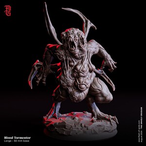May include: A Blood Tormentor miniature figure on a 50 mm base. The creature has a bulky, textured body with multiple heads, sharp teeth, and elongated, blade-like appendages extending from its back and arms. The surface is detailed with vein-like patterns.
