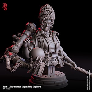 May include: A detailed bust of the Clockmaster, a Legendary Engineer, in a steampunk style. The sculpture is gray and features intricate mechanical details, a sphere, and a staff. The bust is on a round base with the text "Bust - Clockmaster, Legendary Engineer -1:8 Scale".