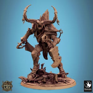 May include: A detailed brown figurine of a horned warrior, holding a chained weapon and a shield-like axe. The figure stands on a base of wood and debris, with the words "WARDEN LIES" visible on the base.