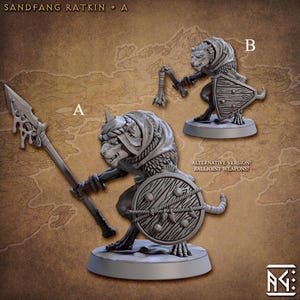 Könnte beinhalten: Zwei graue, rattenartige Miniaturfiguren, beschriftet mit A und B. Figur A hält einen Speer und einen runden Holzschild. Figur B hält einen Flegel und einen dreieckigen Schild. Text: SANDFANG RATKIN A, B und ALTERNATIVE VERSION! BALLJOINT WEAPONS!