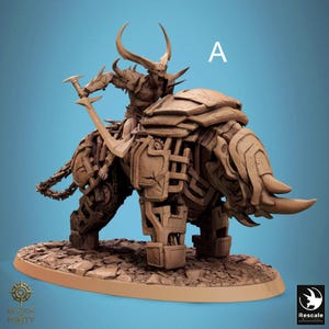 May include: A detailed brown figurine of a horned demon riding a mechanical elephant-like creature, holding a sword. The figurine is on a textured base. The letter "A" is visible in the top right corner.
