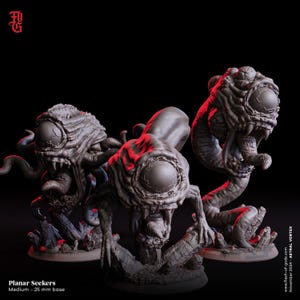 May include: Three grey resin miniature figures titled Planar Seekers, each featuring a large central eye, sharp teeth, and tentacles. The figures are mounted on circular 25 mm bases and display intricate, textured organic details throughout their forms.