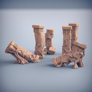 May include: Five miniature stone pillars with vines growing up the sides. The pillars are broken and weathered, with some pieces lying on the ground. The pillars are a light brown color.