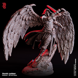 May include: A detailed miniature figurine of a winged warrior with a sword, standing on a rocky base. The figure is painted in a metallic bronze color and has a dark cloak. The wings are spread out and have a feathered texture.