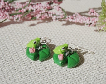 Frog on lilypad- earrings or charm- handmade polymer clay jewelry- cottagecore earrings