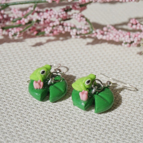 Frog on lilypad- earrings or charm- handmade polymer clay jewelry- cottagecore earrings